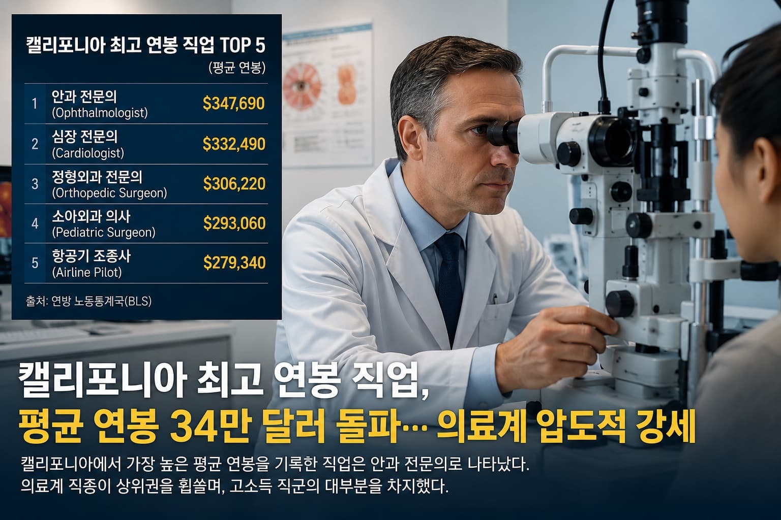 캘리포니아 최고 연봉 직업, 평균 연봉 34만 달러 돌파… 의료계 압도적 강세