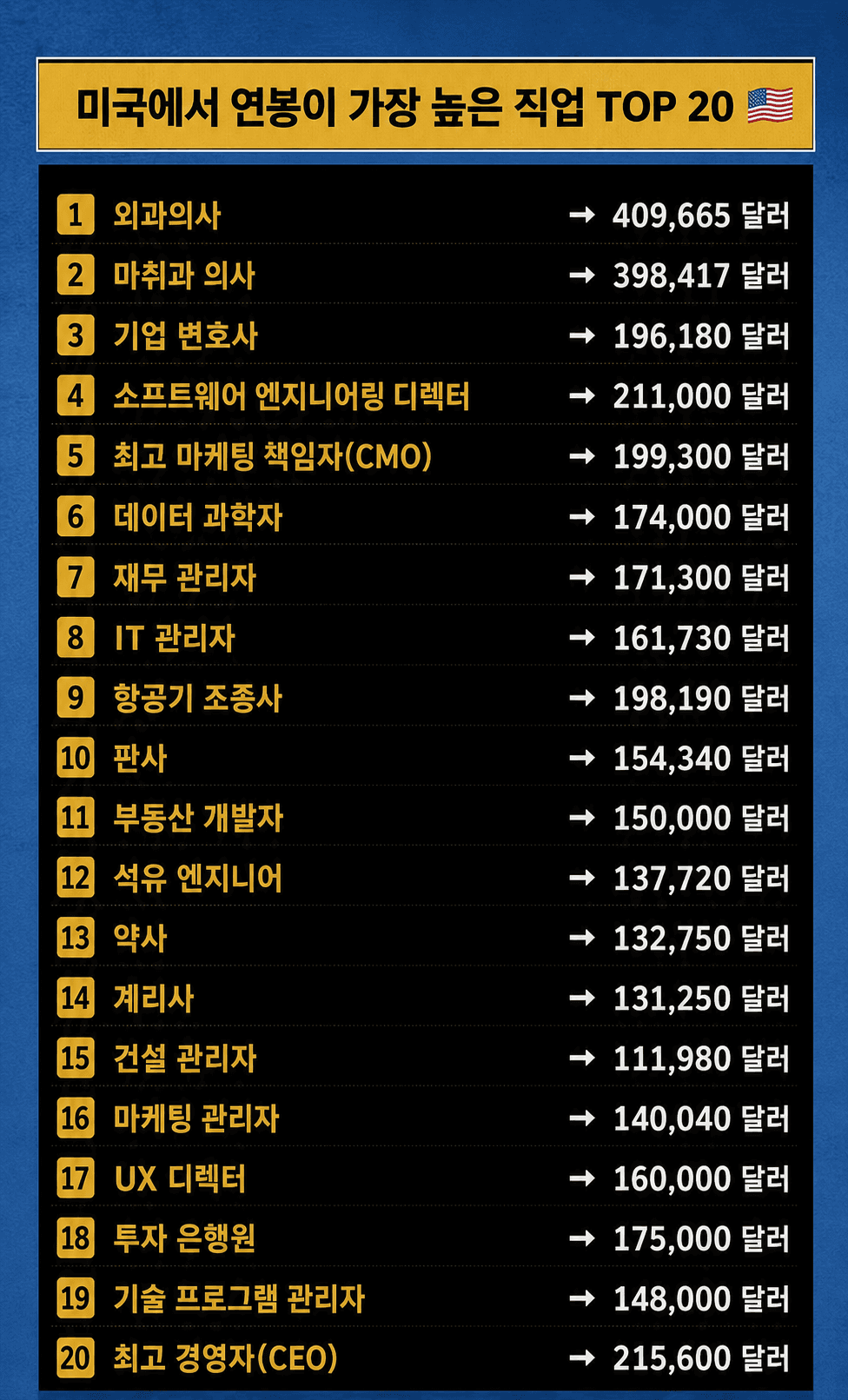 미국에서 연봉이 가장 높은 직업 TOP 20…의사·IT·금융 분야 강세
