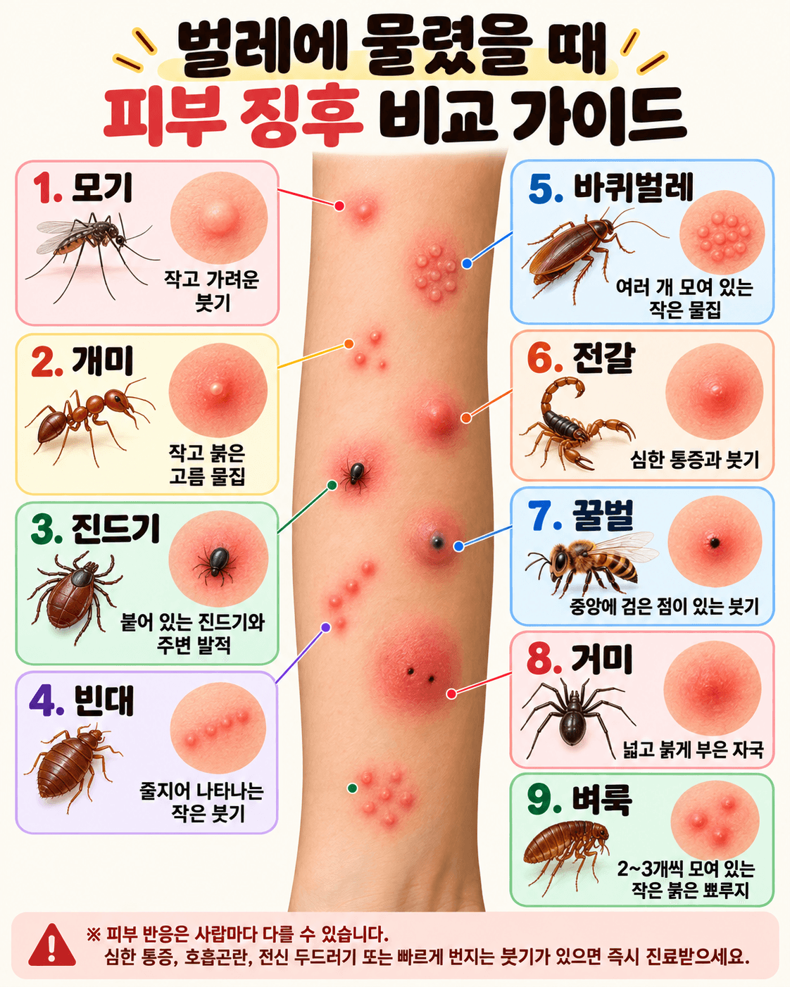 벌레에 물렸을 때 피부 징후 비교 가이드